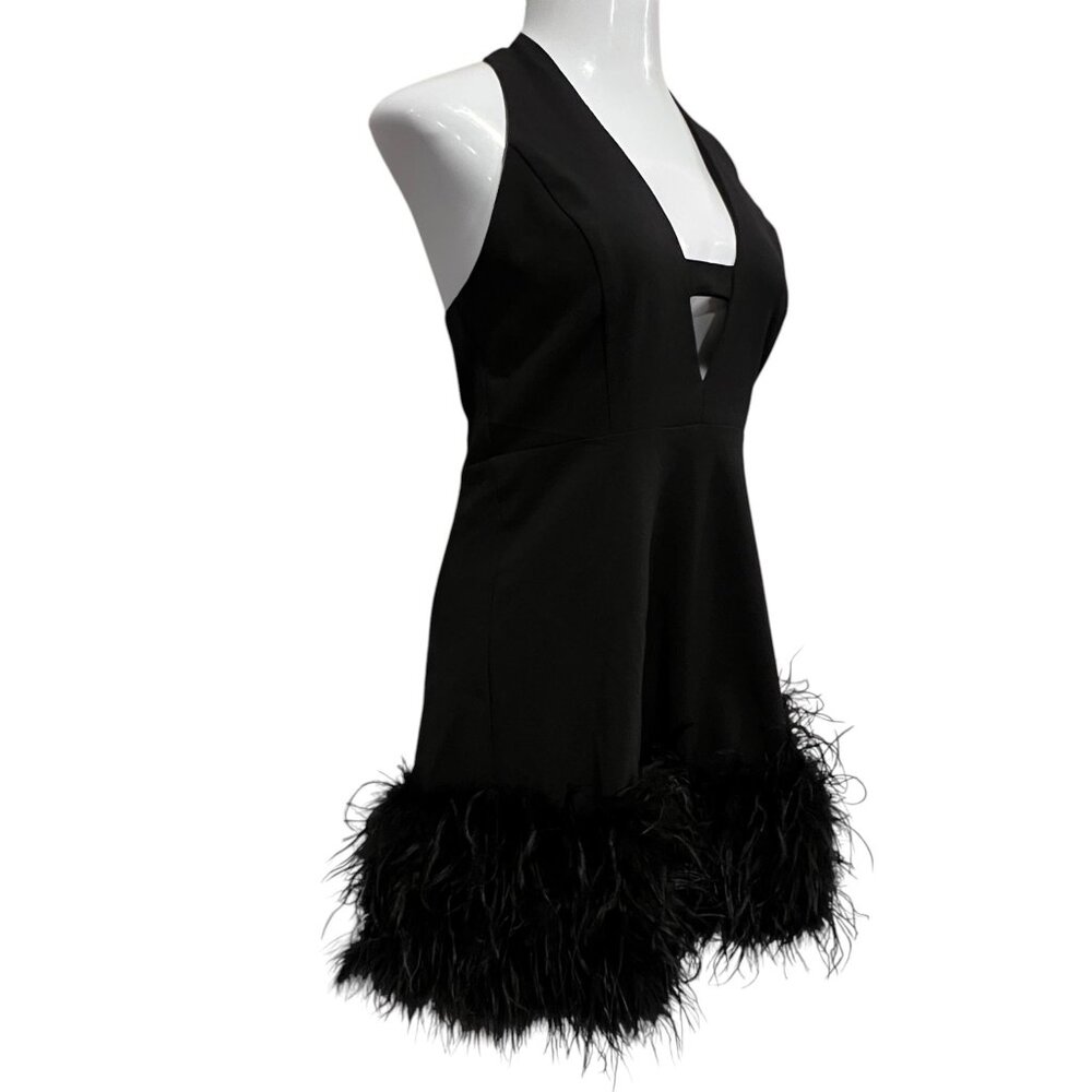 Akira Noel Halter Deep V Feather Trim Mini Dress, Black, XL - Picture 13 of 13